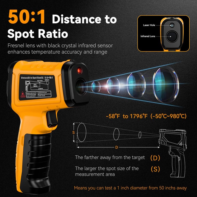 SURPEER 50:1 Infrared Thermometer IR Laser Gun, -58°F to 1796°F, Digital Temperature Gun/K-Type Probe -4°F to 932°F & Humidity Sensor for Cooking, Pizza Oven BBQ HVAC Home-Industrial Use - Image 1